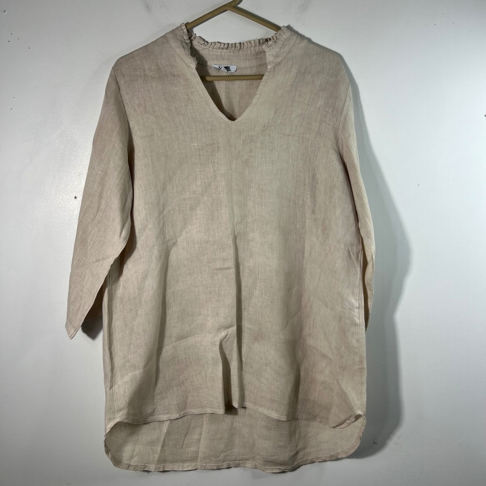 Womens RoseMarine Linen Tunic Tan M Ruffle Neck 3/4 Sleeve Linen Made in Italy‎